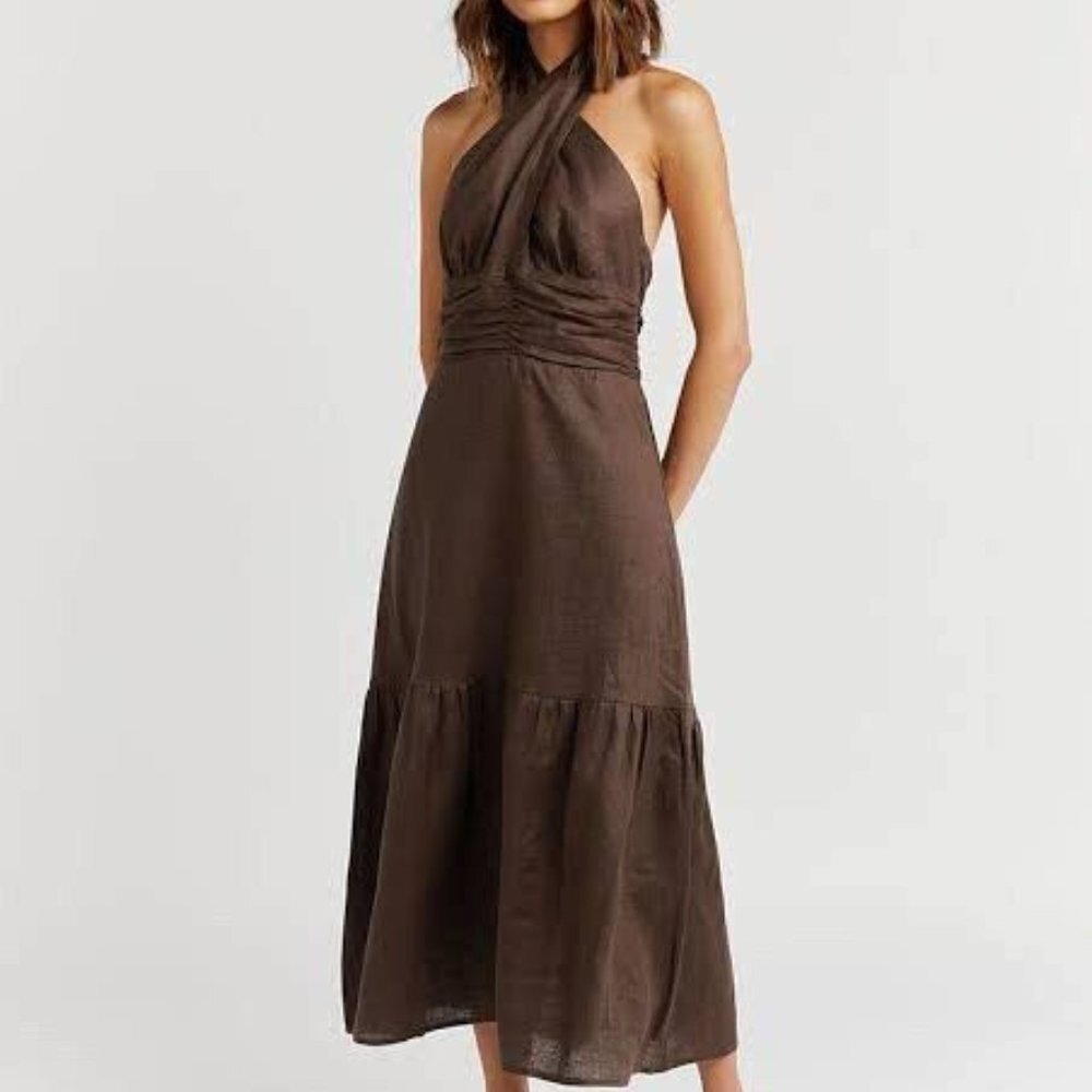 Dissh Harrier Brown Linen Halter Neck Ruched Waist Midi Dress S 4 Quiet Luxury
